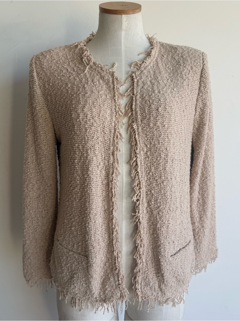IRO Beige Frayed Bouclé Open-Front Jacket SZ 40 tan color fringe long sleeves